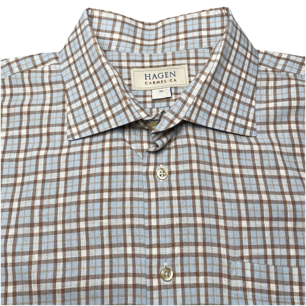 Hagen Carmel Linen Cotton Shirt XL L/S Button Up Multicolor Plaid Coastal Preppy